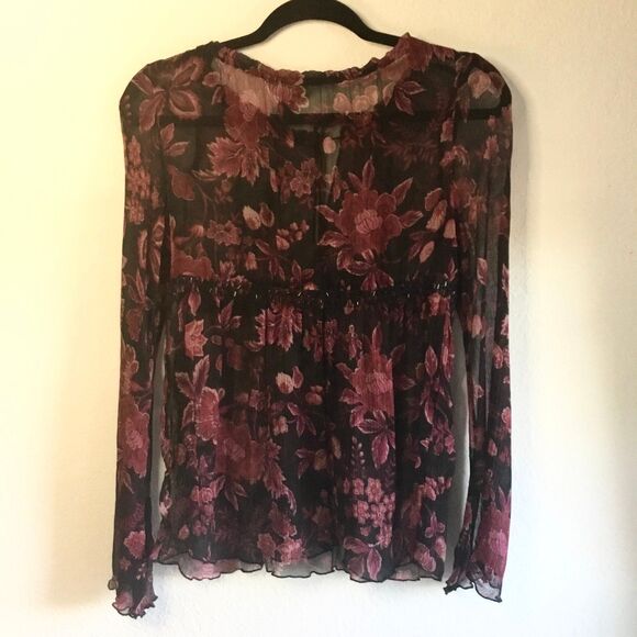 Sheer blouse, beaded middle, keyhole tie front with beaded tie witchy feminine M - Picture 4 of 5